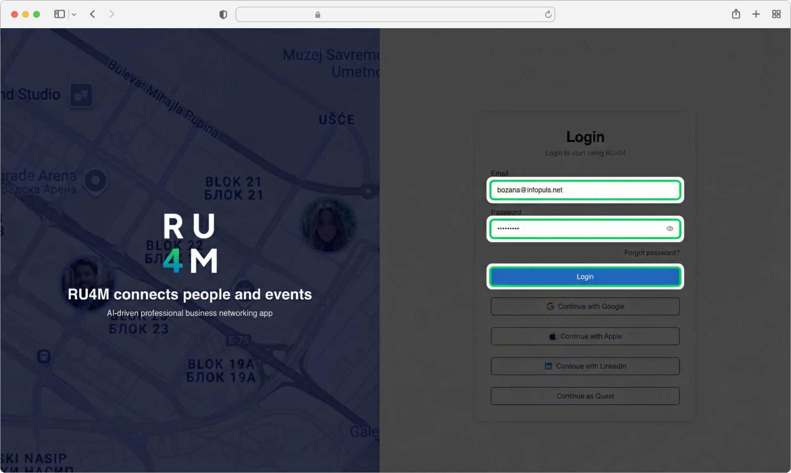 Unesite email i šifru, zatim kliknite Login dugme