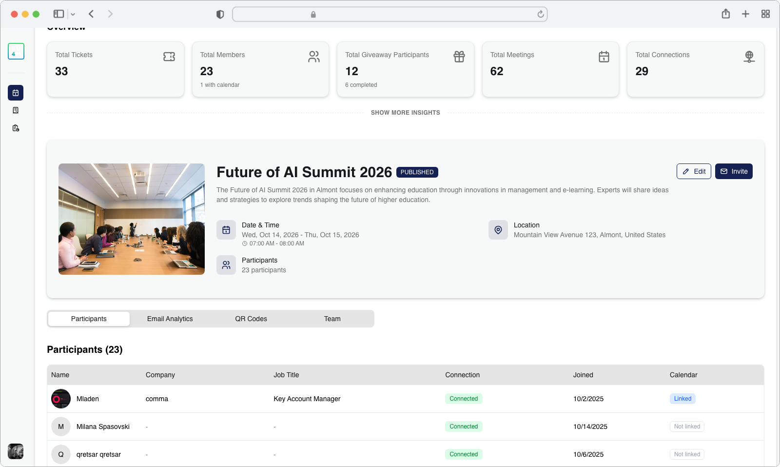 The Event Card showing the event name, description, date, location, participant count, and Edit/Invite buttons