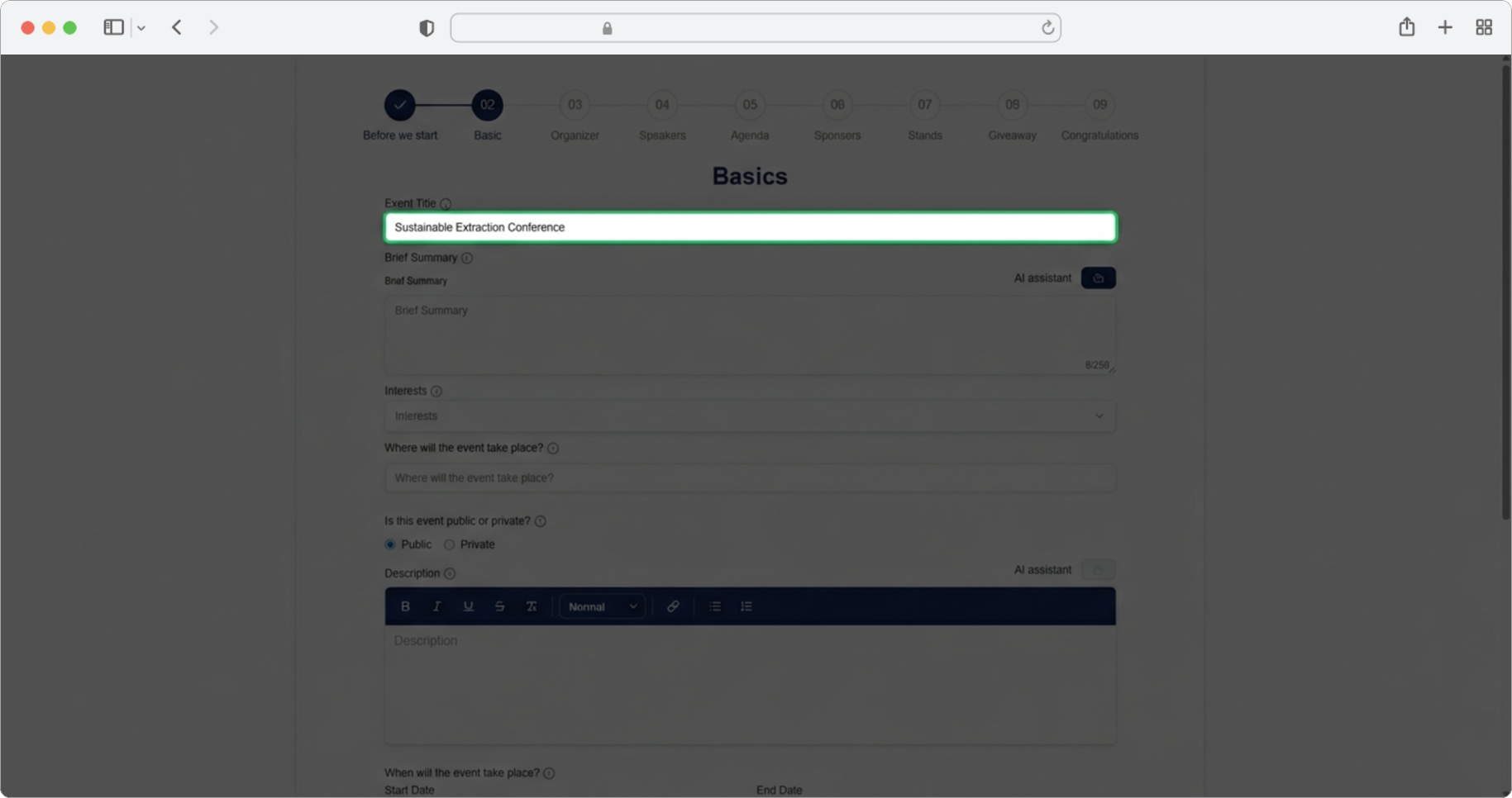 Click on the "Event name" text input field and type the name of your event