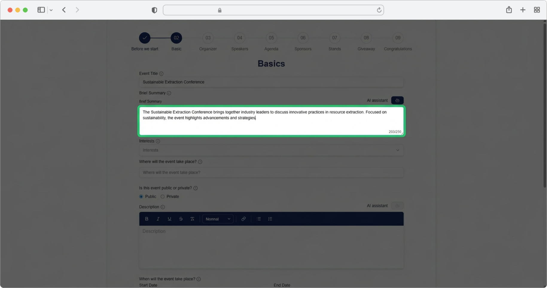 Click on the "Brief Summary" field and enter a short description, or use the AI assistant icon to generate one