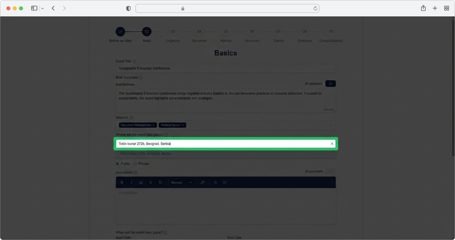 Click the location search field and select an exact address from the Google Maps search results