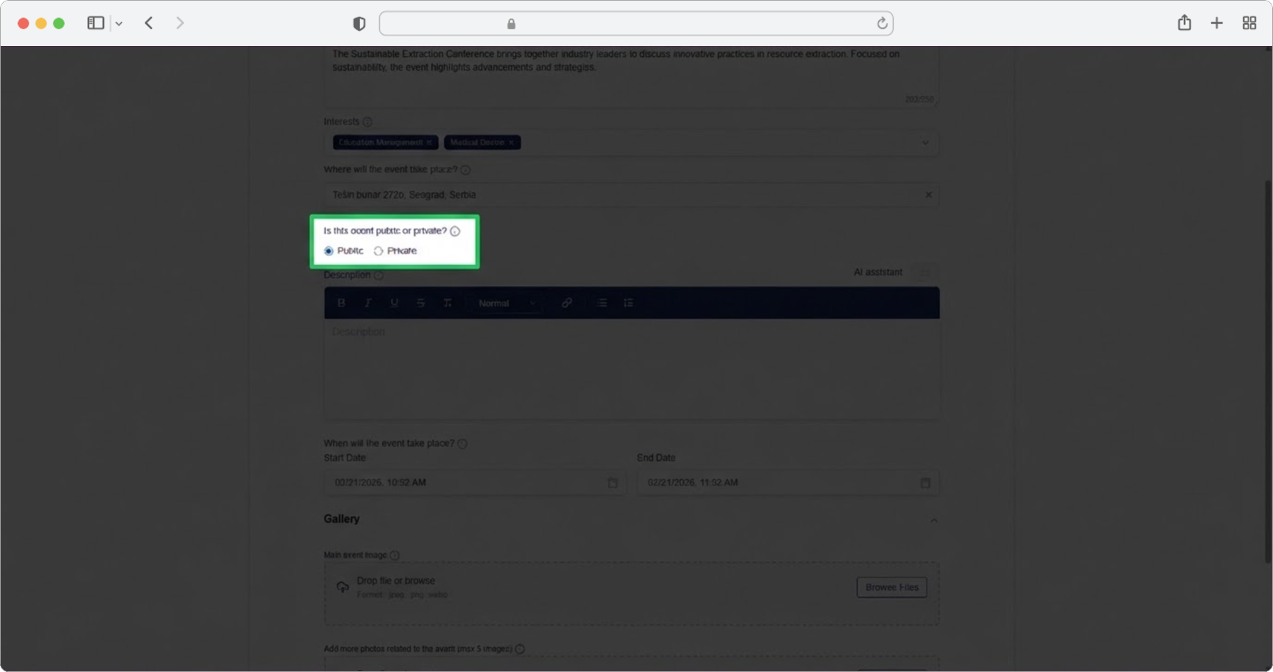 Click the checkbox to set whether your event is public or private