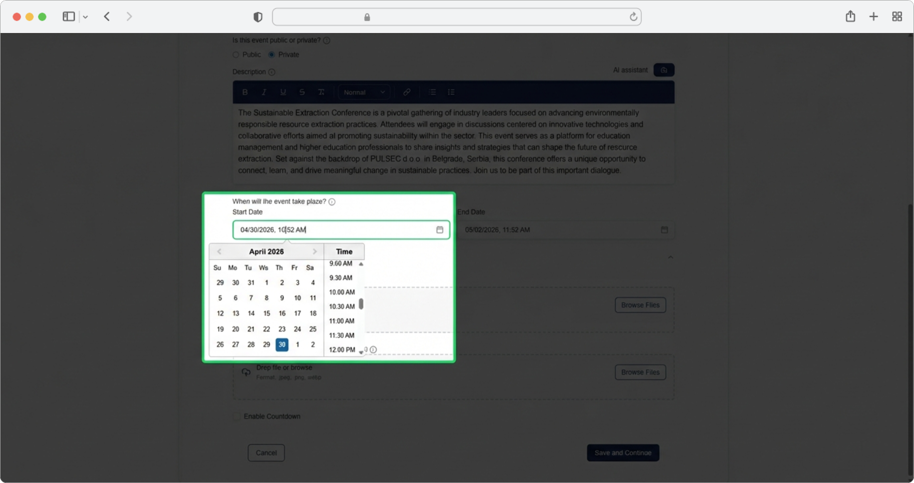 Click the "Start date" field and select the date and time the event starts