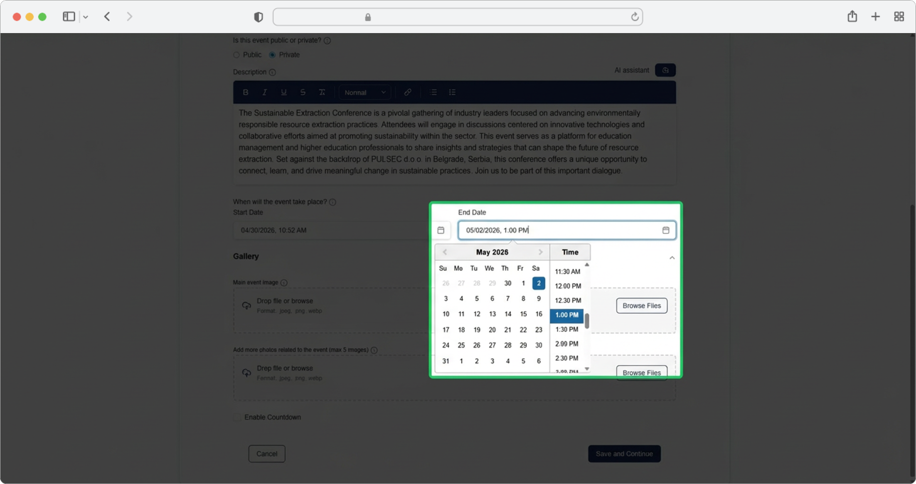 Click the "End date" field and select the date and time the event ends