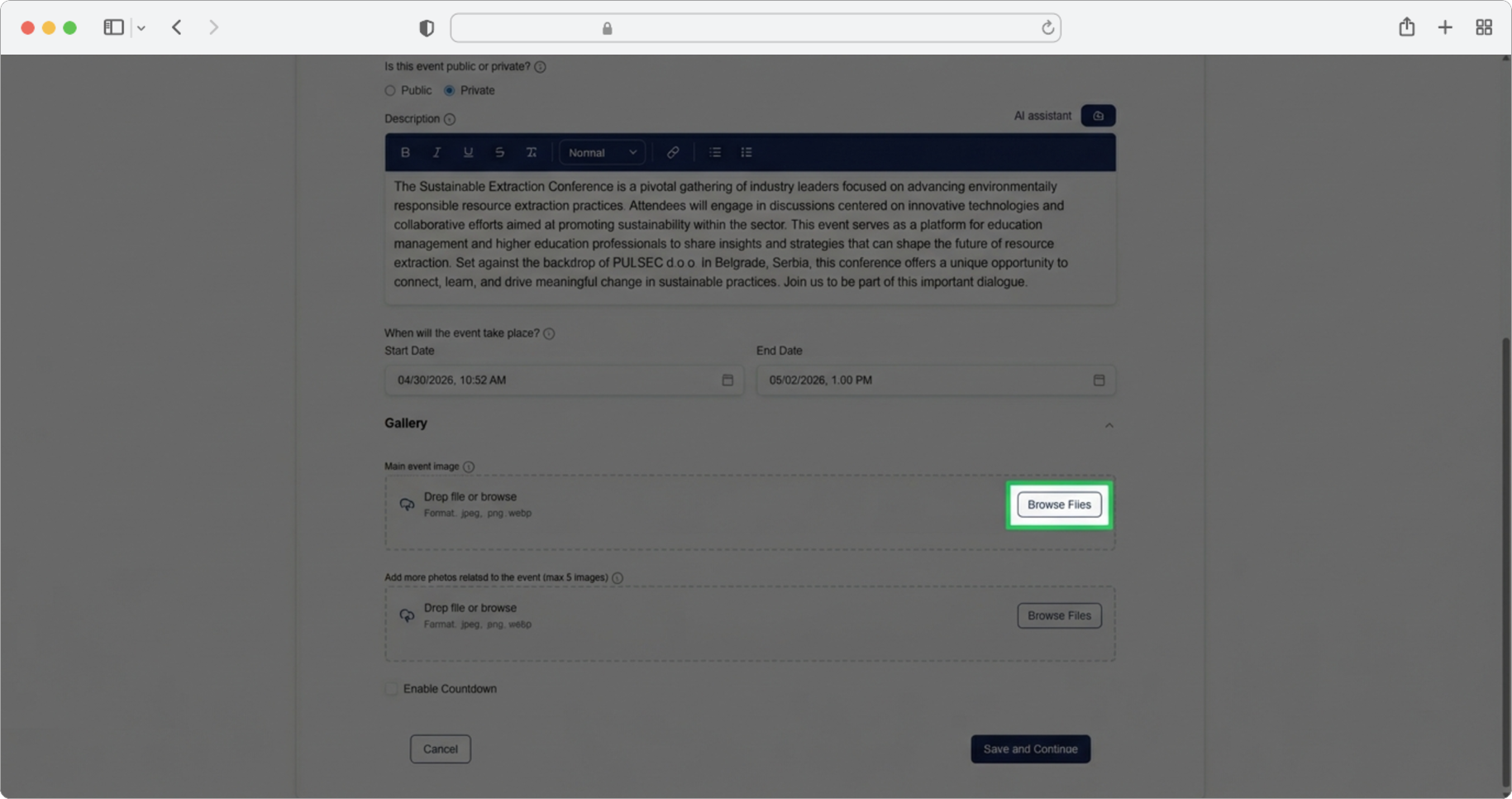 Click the "Browse" button to upload a cover photo for your event