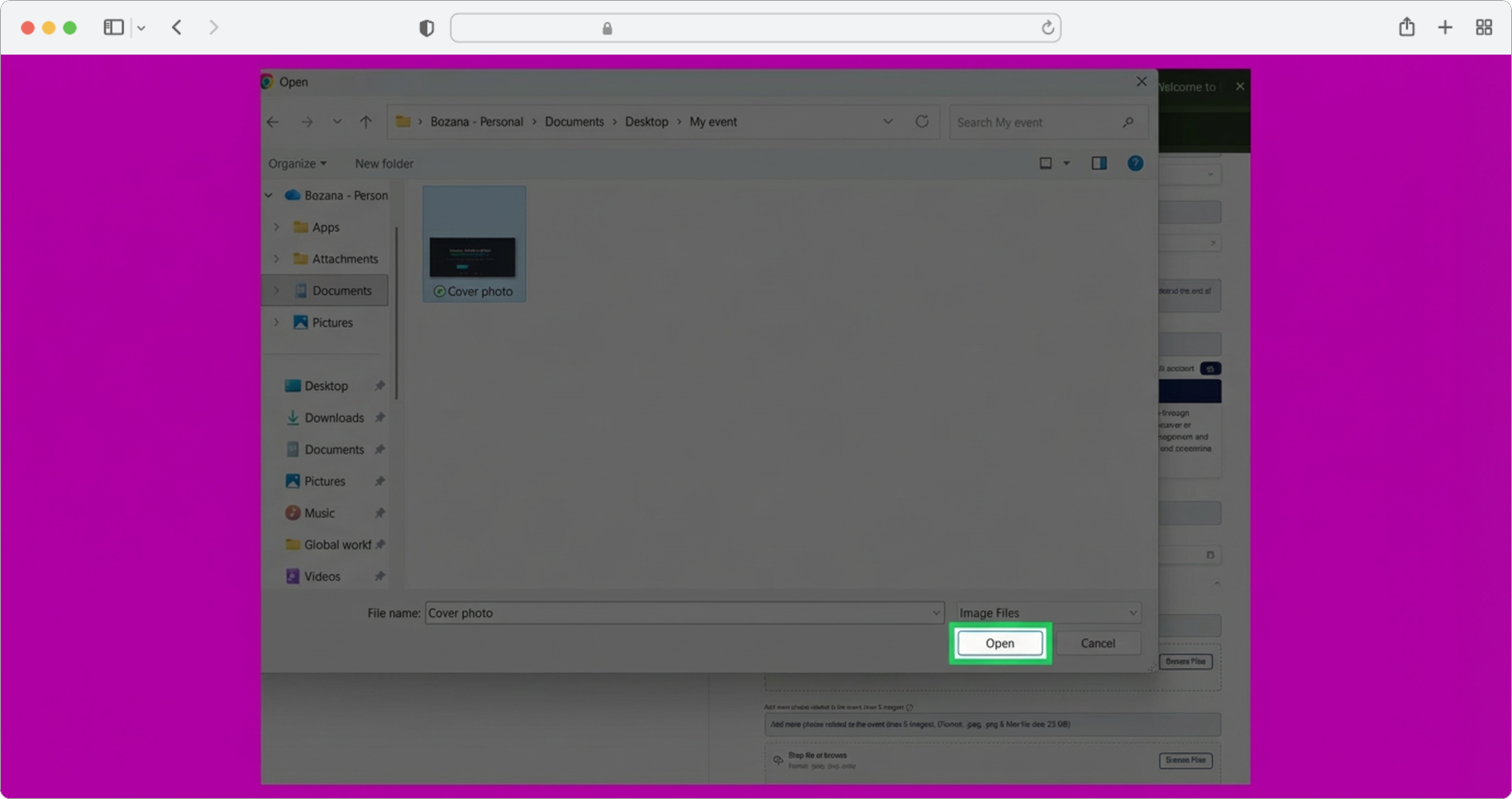 Select your photo in the file explorer and click "Open"