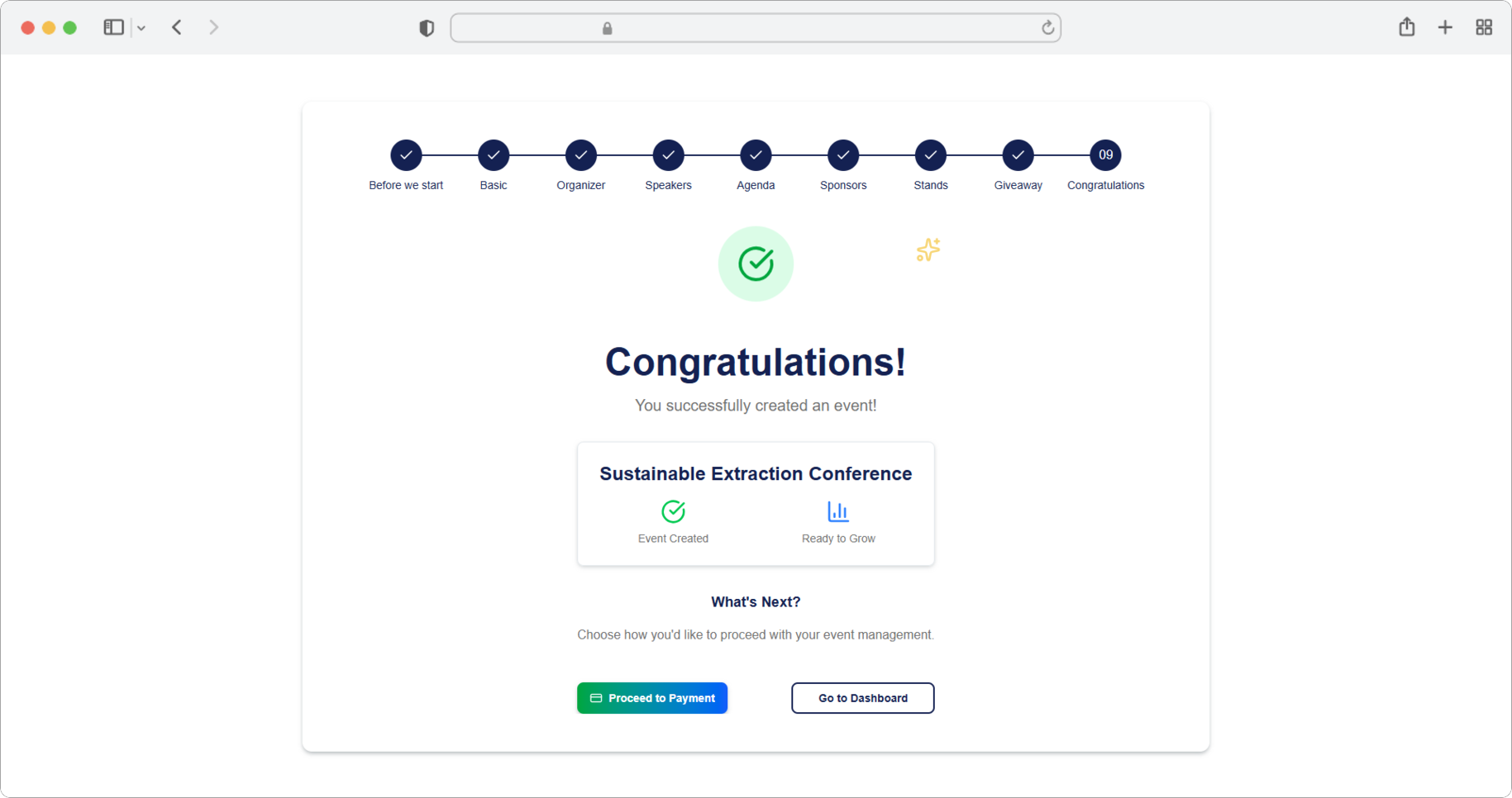 Ekran sa čestitkom koji pokazuje da je vaš event uspješno kreiran, sa opcijama za nastavak na plaćanje ili povratak na Dashboard